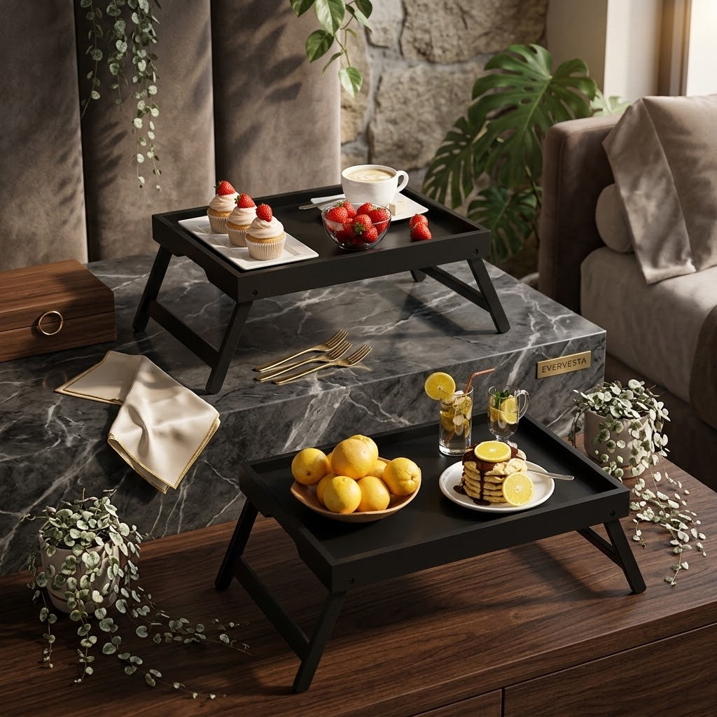 Folding Bamboo Bed Tray Tables, Black, Set of 2