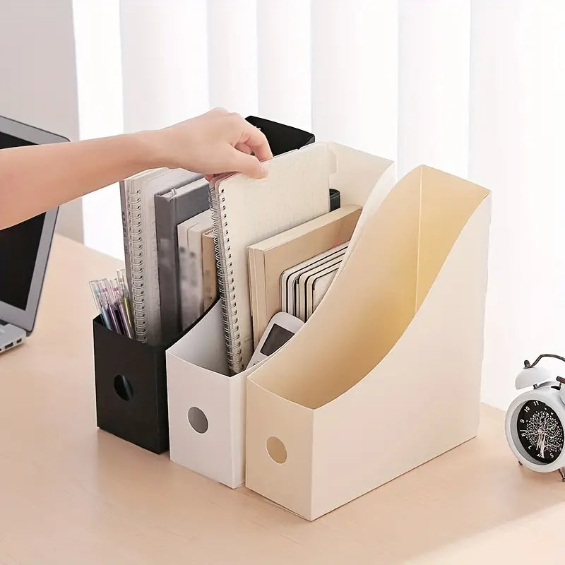 Desktop File Rack and Bookend Storage Box, PP, Black/White/Beige
