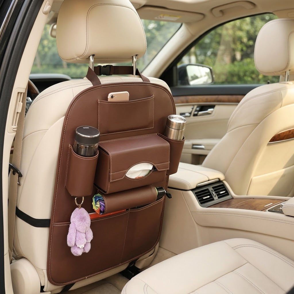 PU Leather Backseat Car Organizer with Kick Mat, Brown