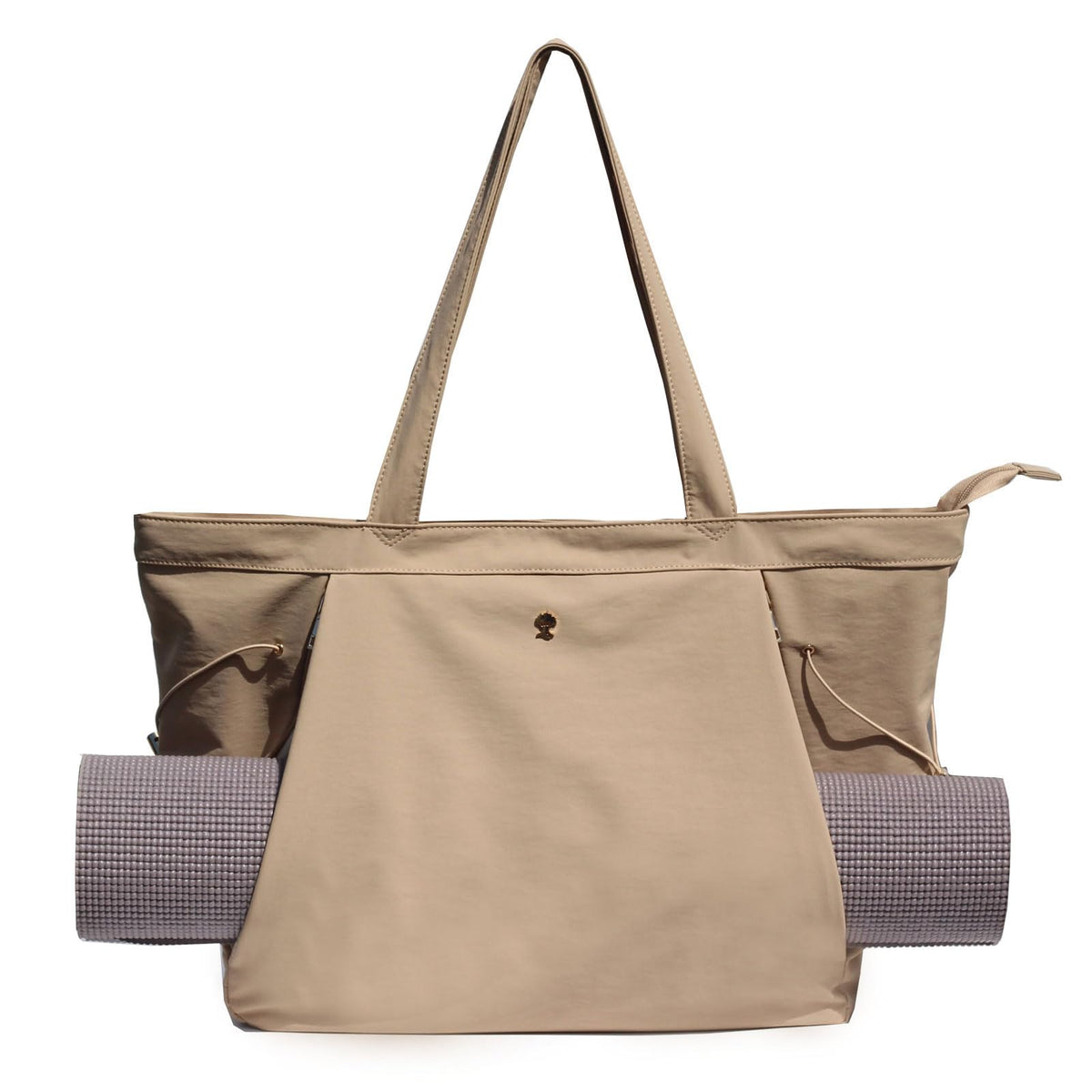 Yoga Tote Bag with Mat Carrier Pocket and Zip Top, Khaki