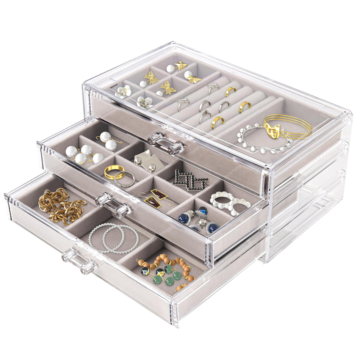 Acrylic Jewelry Organizer with 3 Velvet-Lined Drawers, Grey
