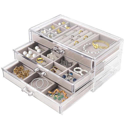 Acrylic Jewelry Organizer with 3 Velvet-Lined Drawers, Grey