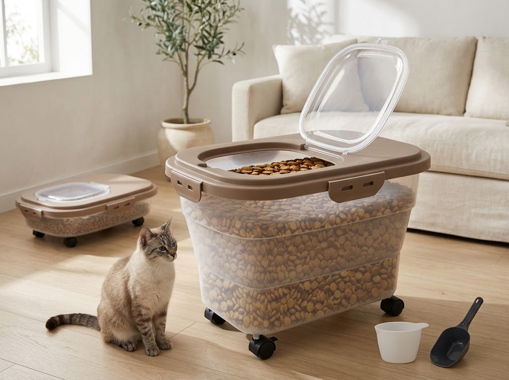Collapsible Airtight Pet Food Container with Wheels, Scoop and Cup, Khaki