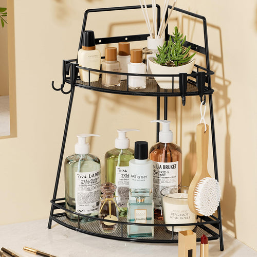2-Tier Metal Corner Bathroom Counter Organizer with Hooks, Black