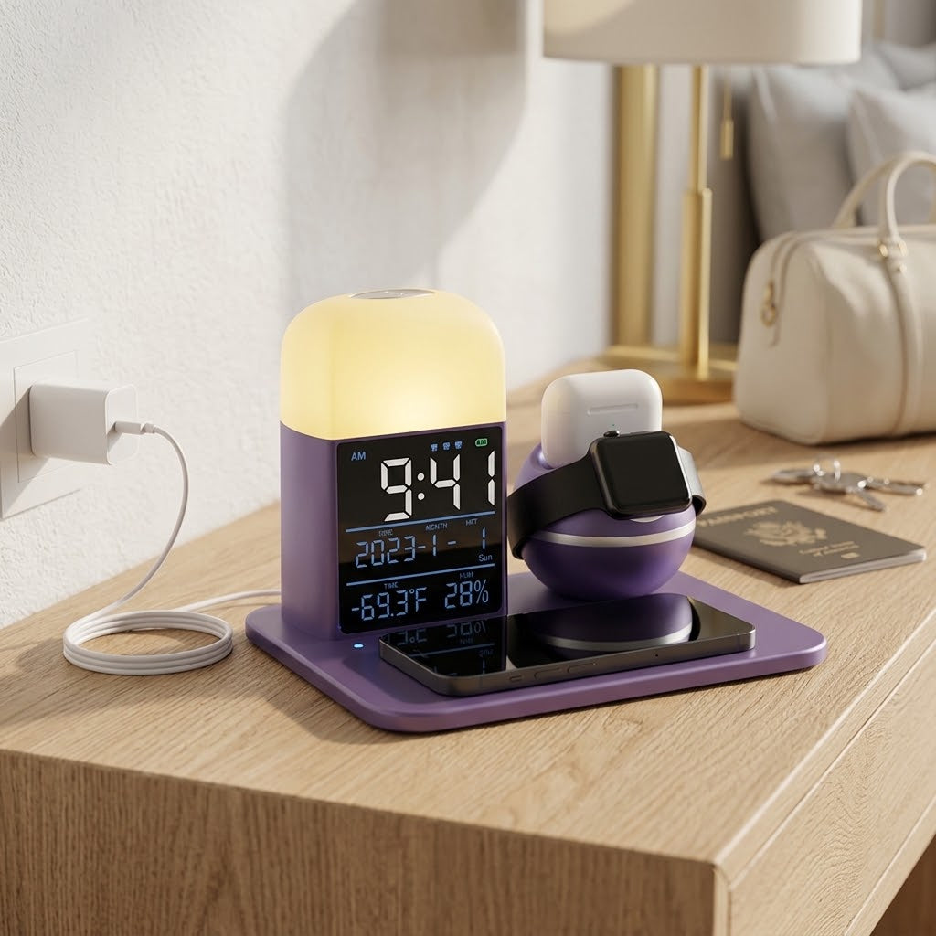 3-in-1 Charging Station with Alarm Clock and 9-Color Night Light, Purple