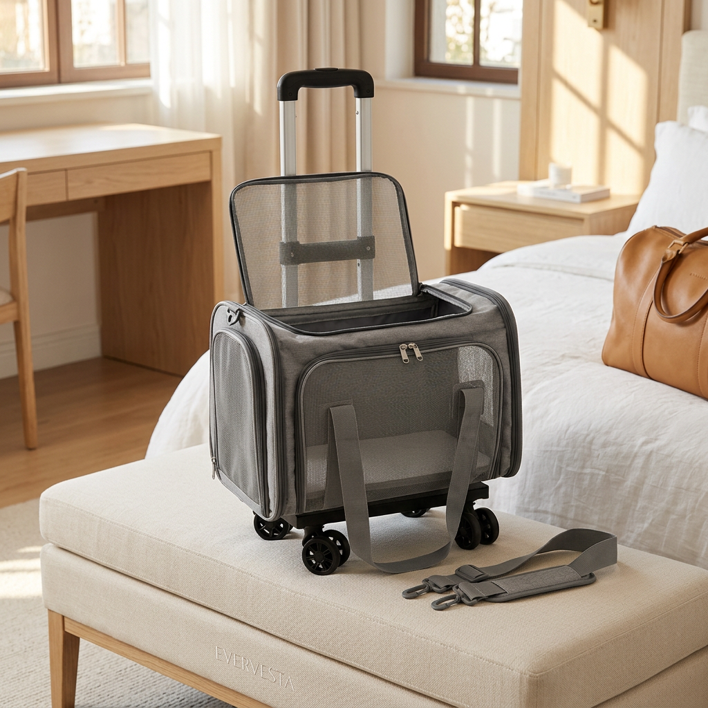 Foldable Rolling Cat Carrier with Wheels, Breathable, Up to 18 lb