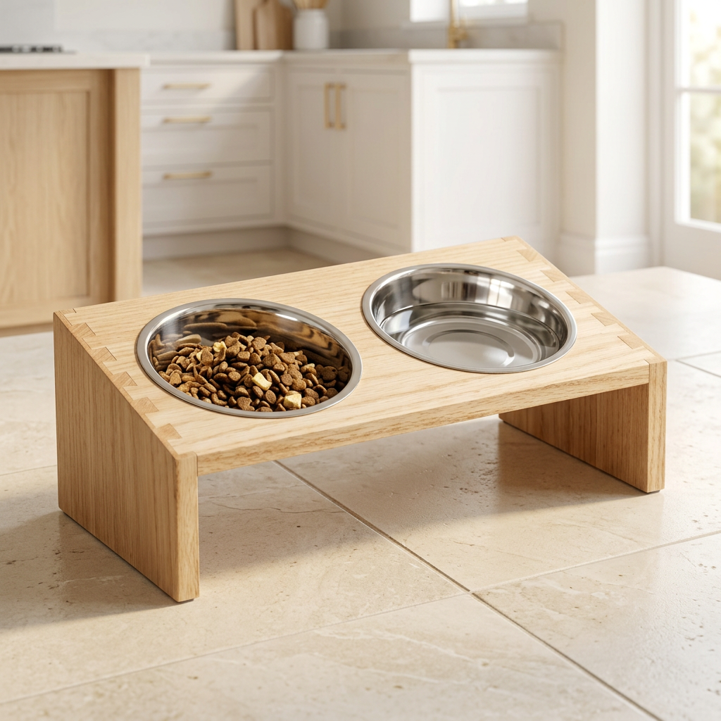 Solid Wood Raised Cat Feeder with 3 Stainless Steel Bowls, Natural
