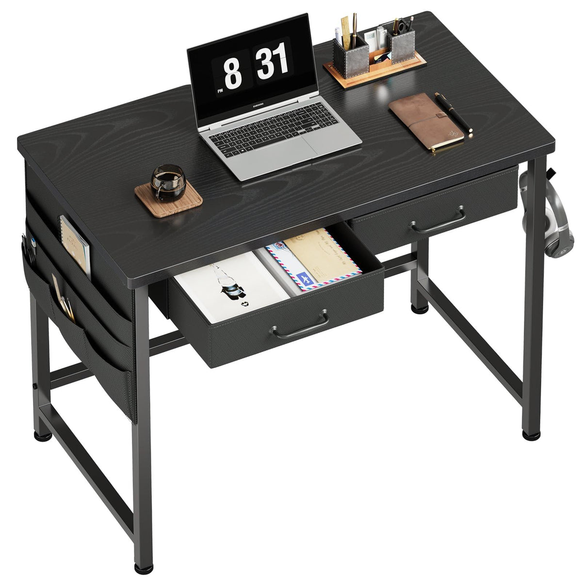 Small Computer Desk with Drawers and Metal Frame, 31.5 in, Black