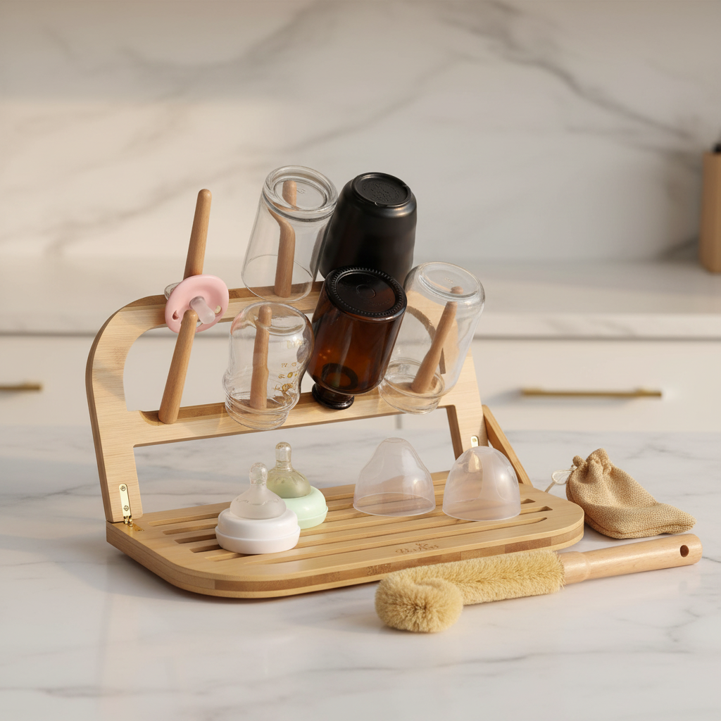 Folding Bamboo Baby Bottle Drying Rack