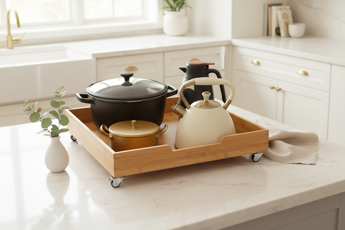 Bamboo Rolling Kitchen Caddy with Cookware – EVERVESTA Luxury Kitchen