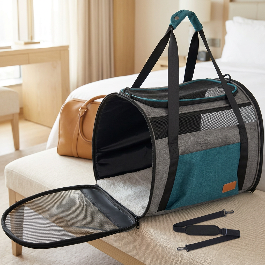 Large Soft-Sided Cat Carrier with Mesh, Foldable, Up to 20 lb, Blue