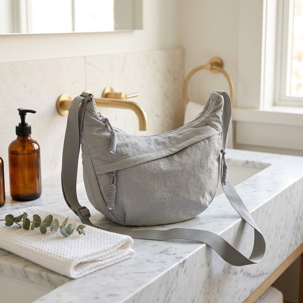 Nylon Crescent Crossbody Bag, Small, Grey
