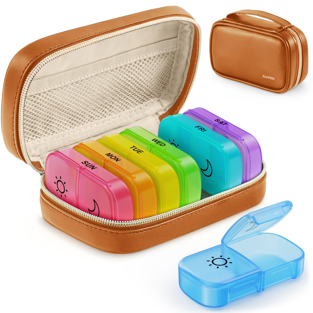 Weekly AM/PM Pill Organizer with PU Leather Travel Bag, Light Brown
