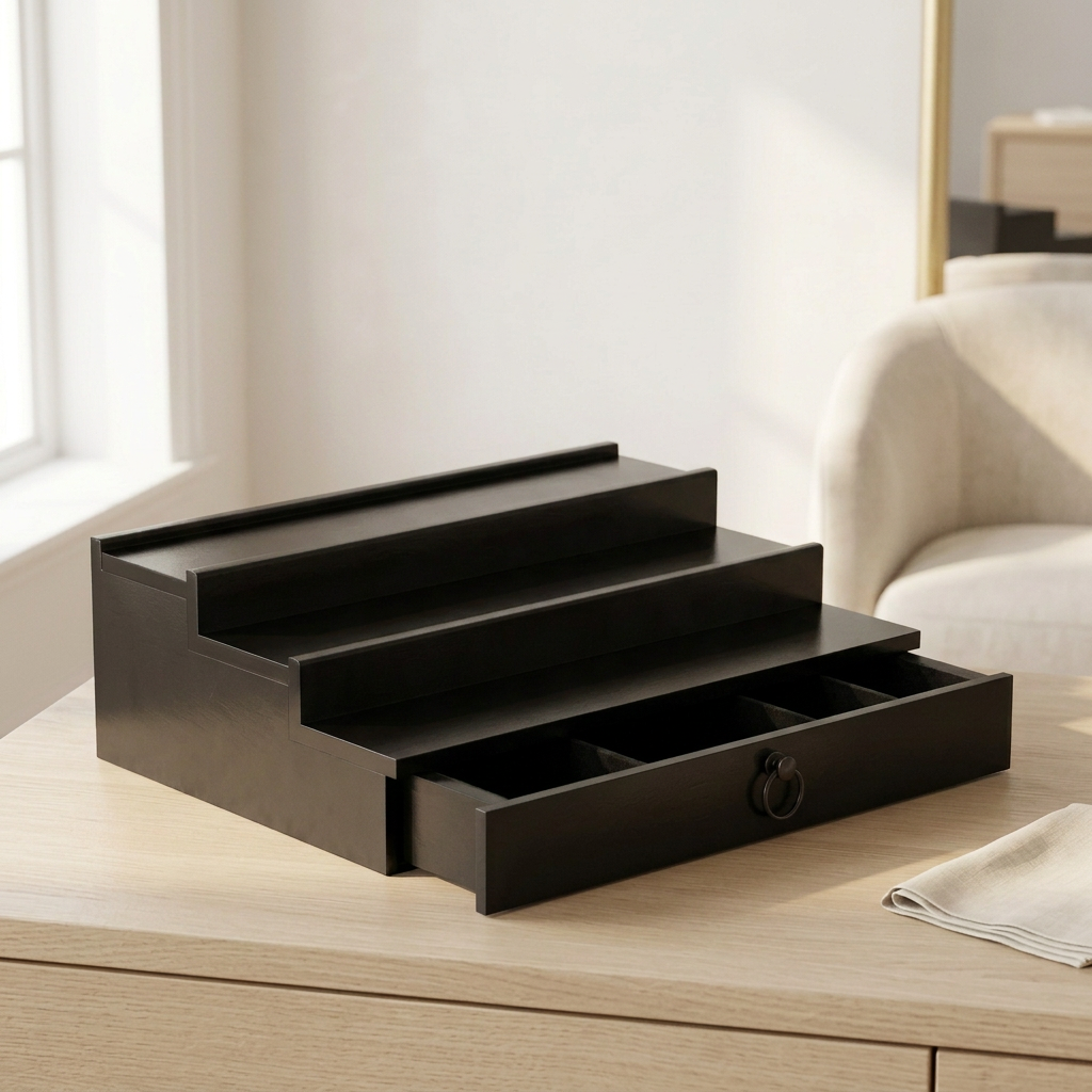 3-Tier Pine Wood Cologne Organizer with Drawer and Hidden Compartment