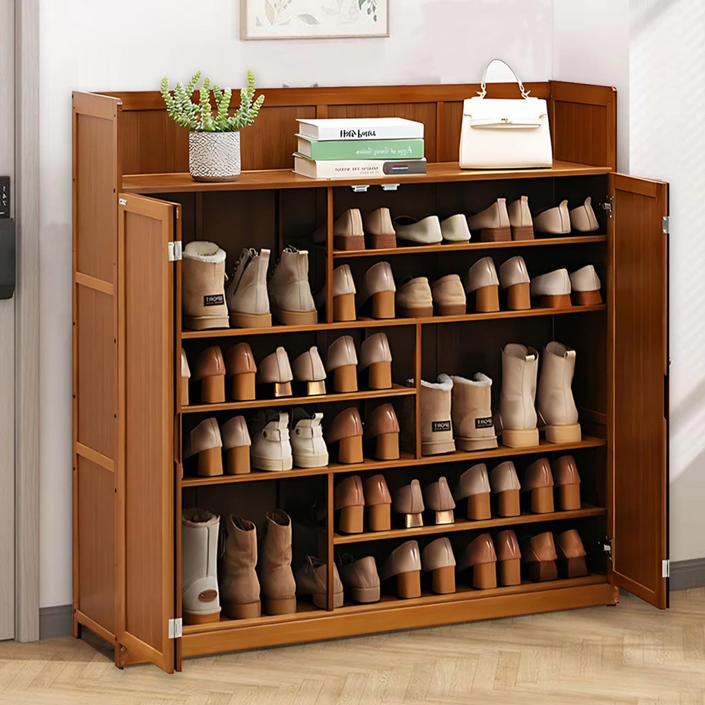 Bamboo and MDF Shoe Cabinet with Doors, Holds 24 Pairs, Brown
