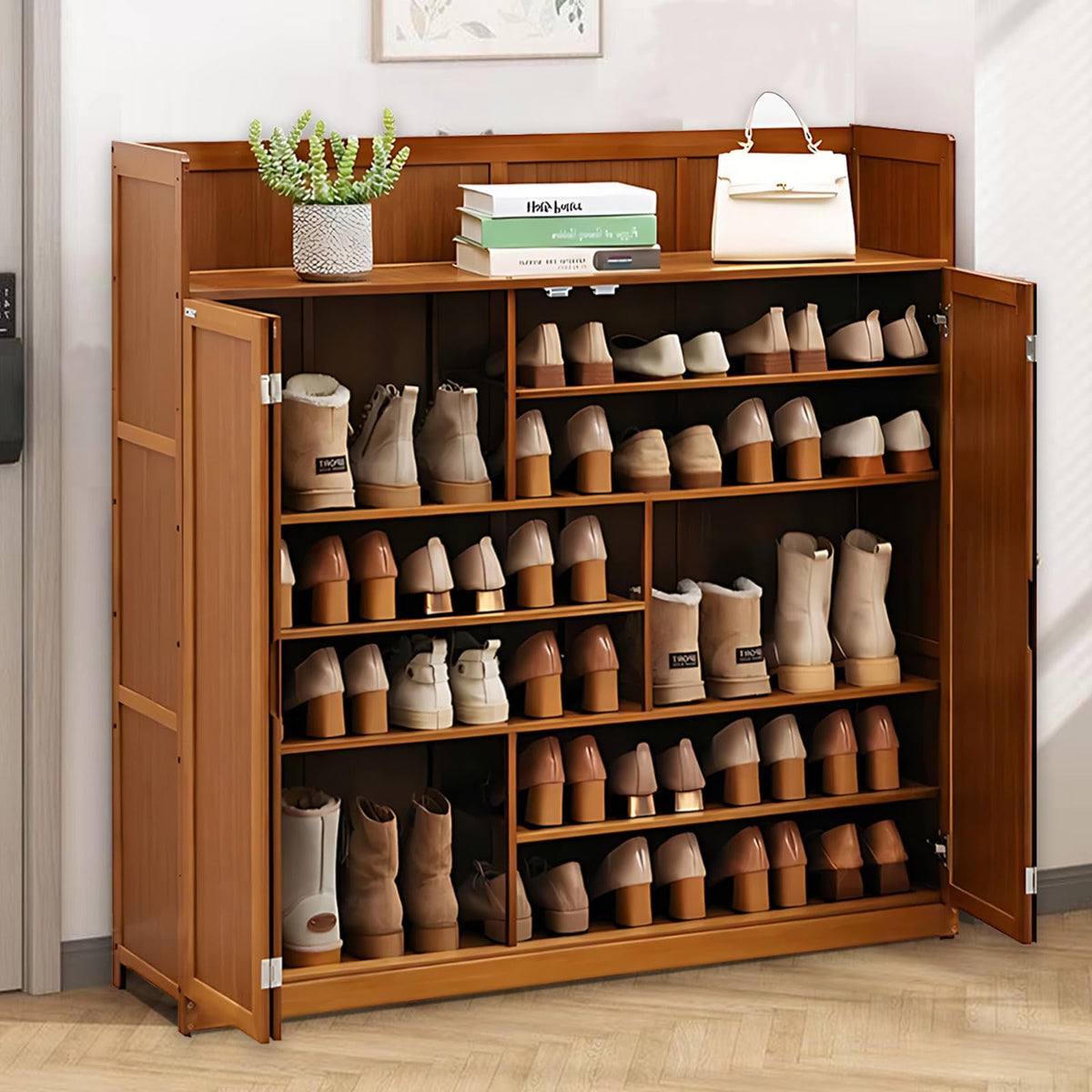 Bamboo and MDF Shoe Cabinet with Doors, Holds 24 Pairs, Brown