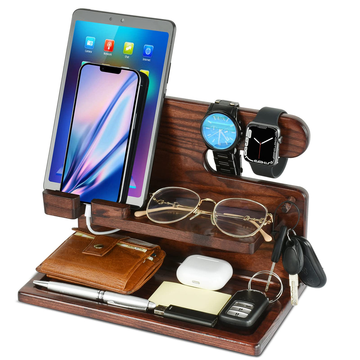 Wood Phone Docking Station and Nightstand Organizer, Brown
