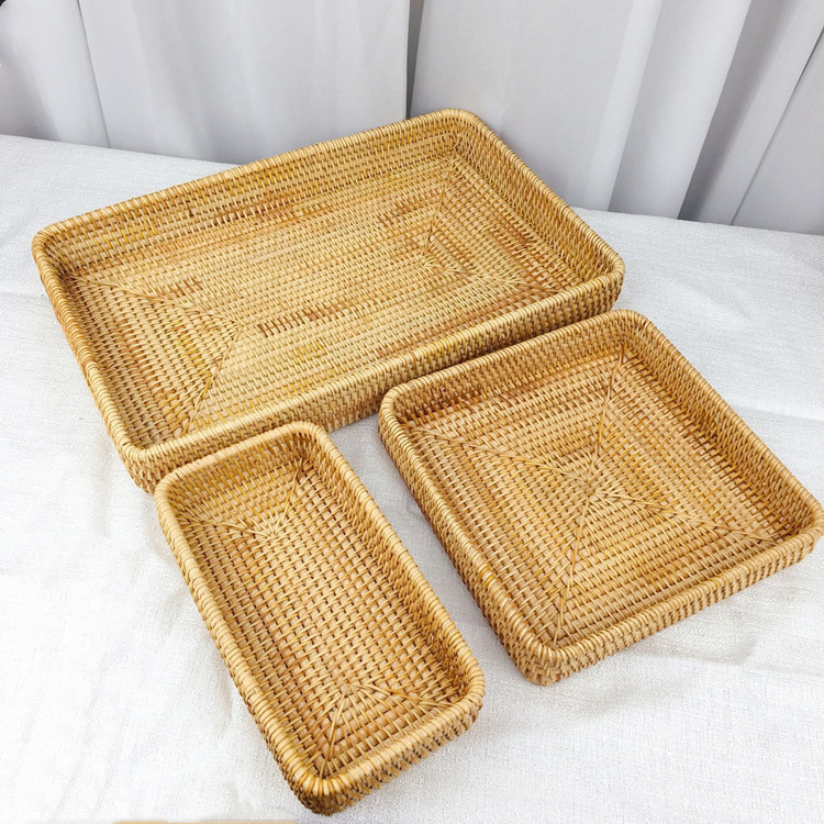 Woven Rattan Desktop Storage Tray, Japanese Style, 4 Sizes