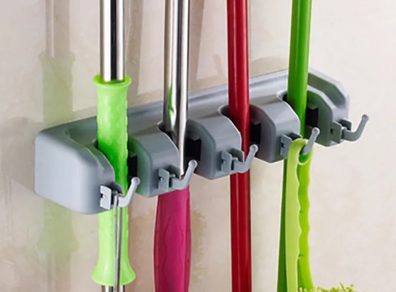 Wall-Mount Mop and Broom Holder with 5 Slots and 2 Hooks