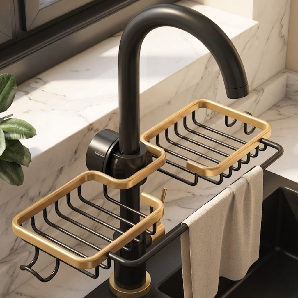 Aluminum Faucet Storage Rack for Sponges and Soap, Black