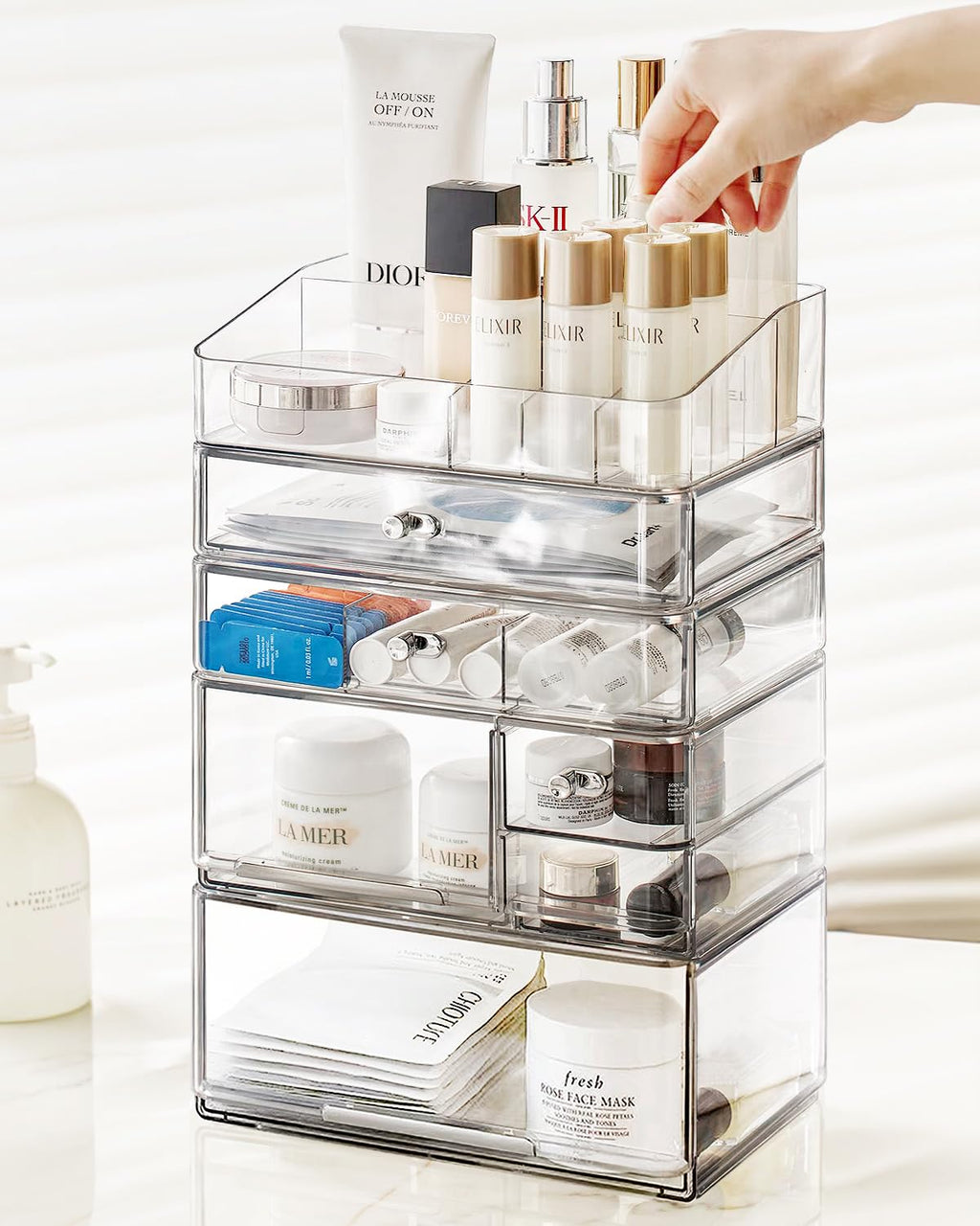 6-Drawer Acrylic Makeup Organizer Tower with Top Tray