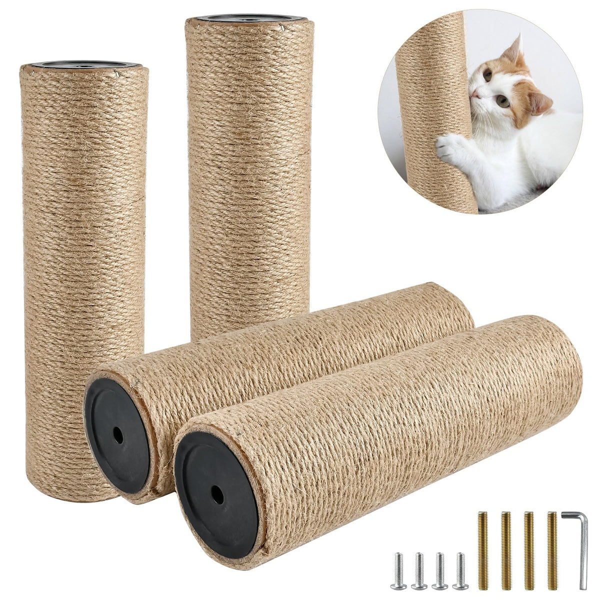 Jute Cat Tree Replacement Poles with Screws and Wrench, 11.8 in, 4 Pack