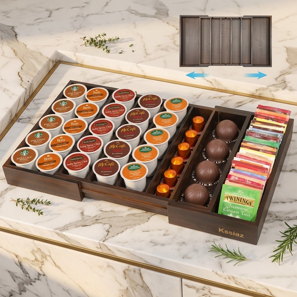 Expandable Bamboo Coffee Pod Drawer Organizer, Holds 45 Pods