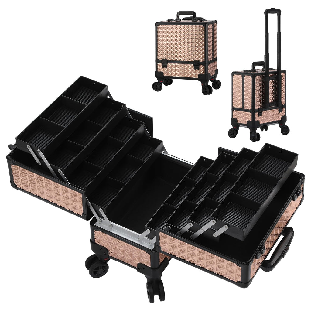 Lockable Rolling Nail Tech Case, Multilayer Cosmetic Organizer, Rose Gold
