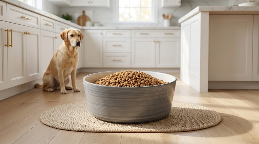 Heavy Ceramic Dog Bowl with Non-Slip Base, 60 oz, 8 in, Grey and White