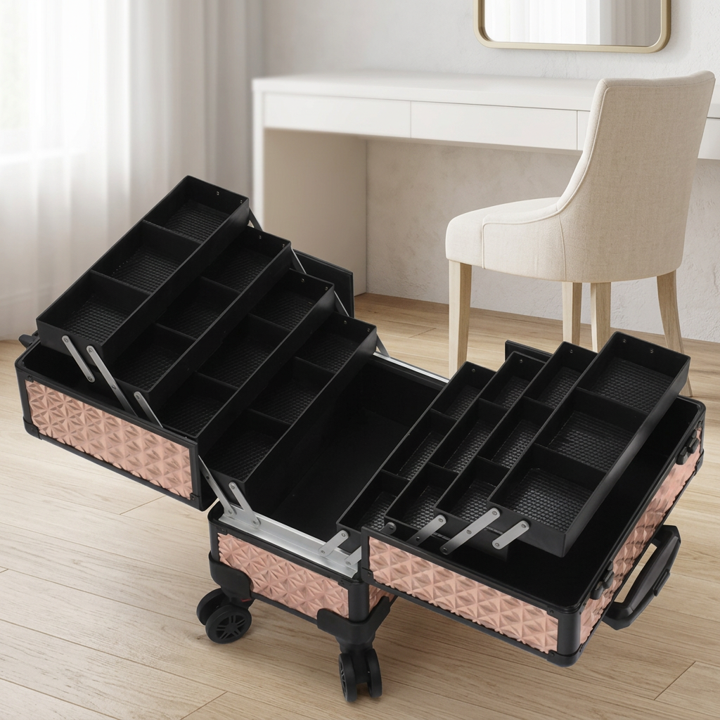 Lockable Rolling Nail Tech Case, Multilayer Cosmetic Organizer, Rose Gold