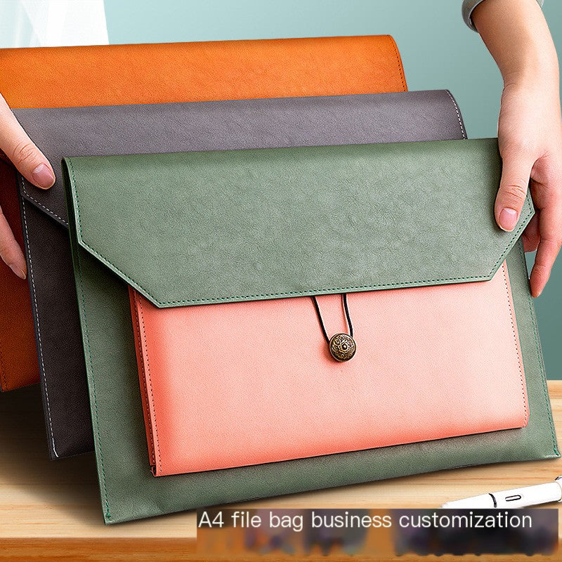 A4 PU Leather Document Bag, Three-Layer Storage, Button Closure
