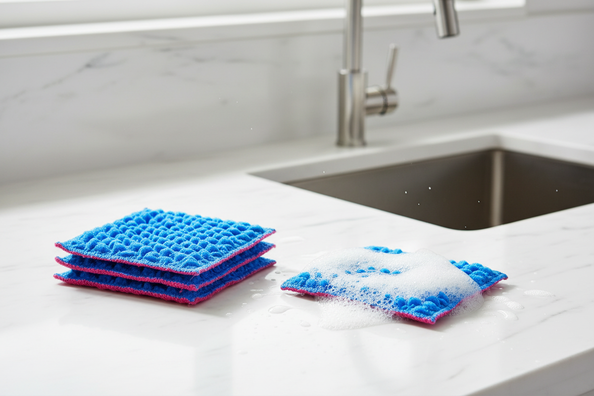 Blue Scouring Pads Kitchen Sink Scene