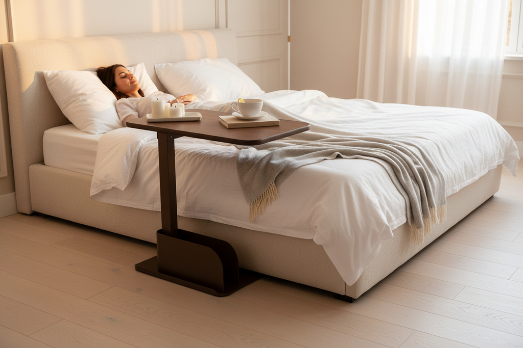 C-Shape Walnut Overbed Table – EVERVESTA Luxury Bedroom