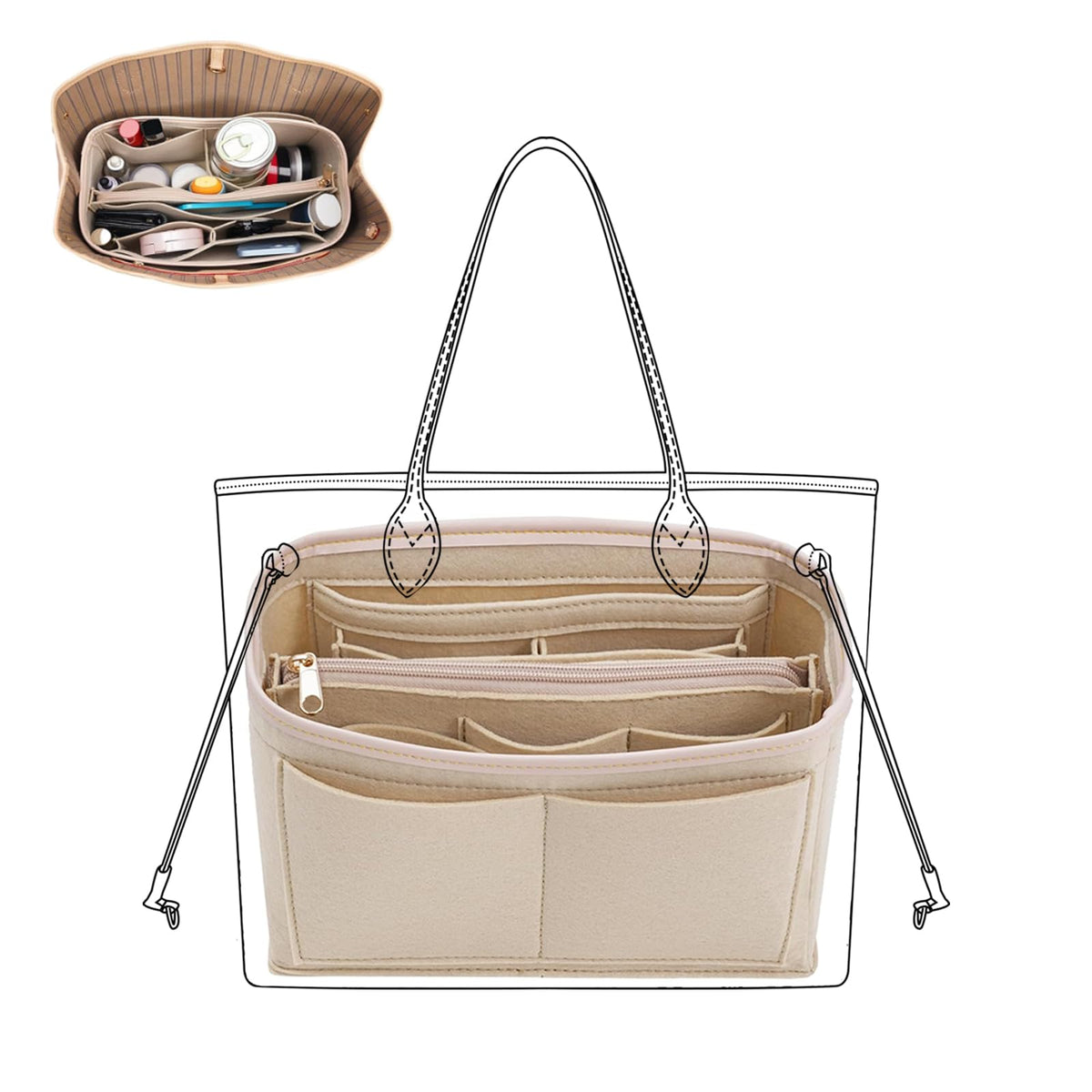 Felt Purse Organizer Insert with Metal Zipper, Up to 12 Pockets