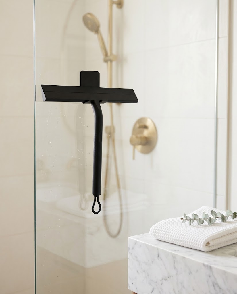 Compact Silicone Shower Squeegee with 2 Hooks, 8.5 in, Black