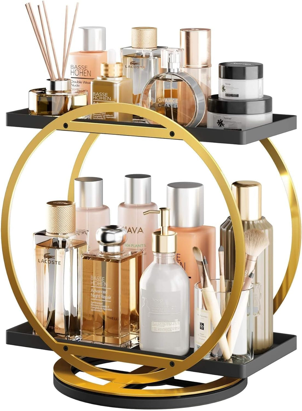 2-Tier 360° Rotating Perfume and Makeup Organizer, Black Gold