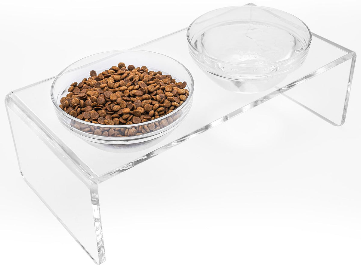 Clear Acrylic Raised Dog Feeder with Glass and Steel Bowls, 7.2 in