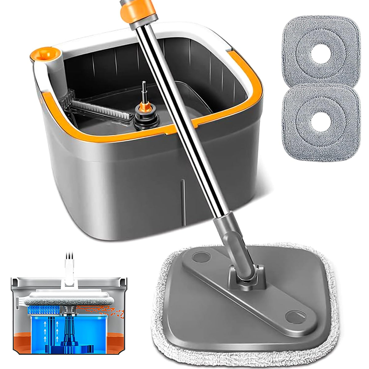 Self-Wringing Spin Mop and Bucket with Clean Water Separation, Dark Grey