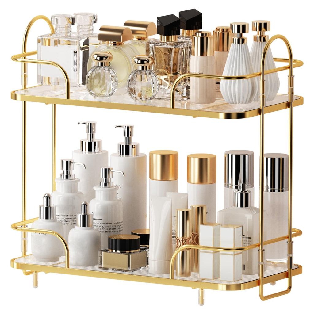 2-Tier Countertop Cosmetic Organizer, Metal Frame, Gold