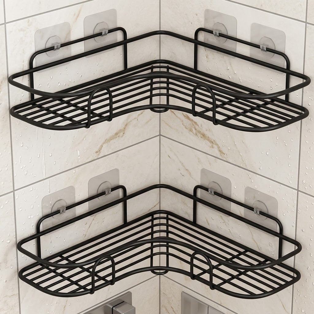 No-Drill Iron Corner Shower Caddy, Triangle Shape, Black or White