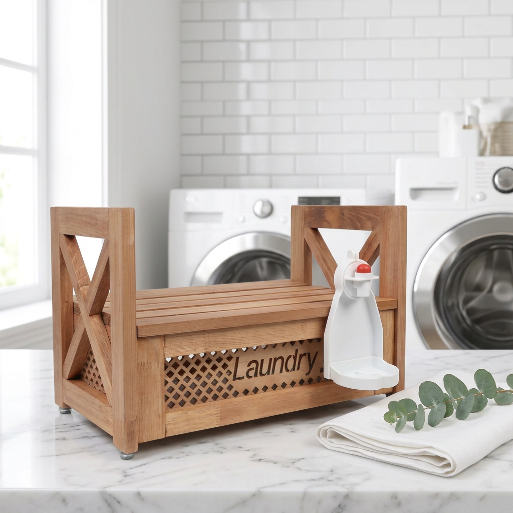 Wooden Laundry Detergent Stand with Drip Cup Holder, Holds 2, Brown