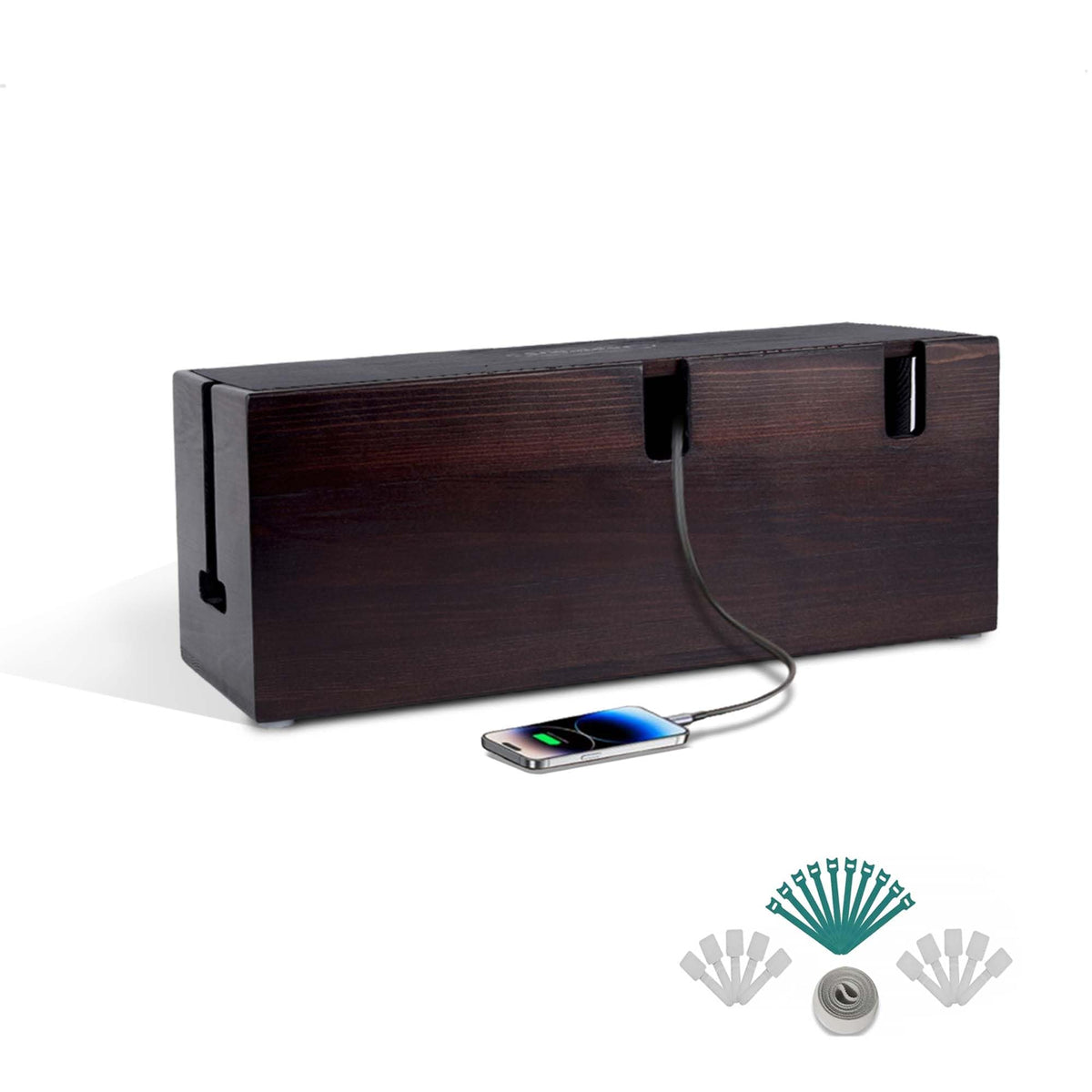 Large Wood Cable Management Box with Accessories, Dark Cherry