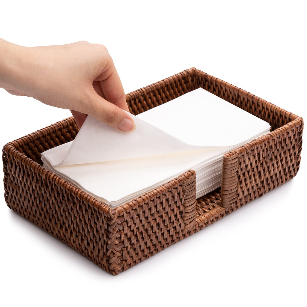 Rattan Guest Towel Holder and Napkin Tray, 9.4 x 5.9 in, Dark Brown