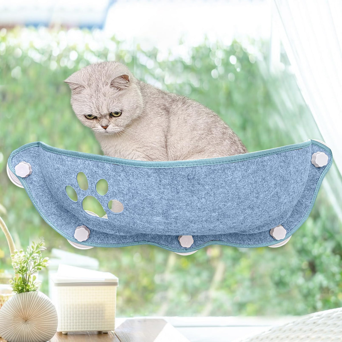 Felt Cat Window Perch with 5 Suction Cups, 26.4 x 9.8 in, Blue