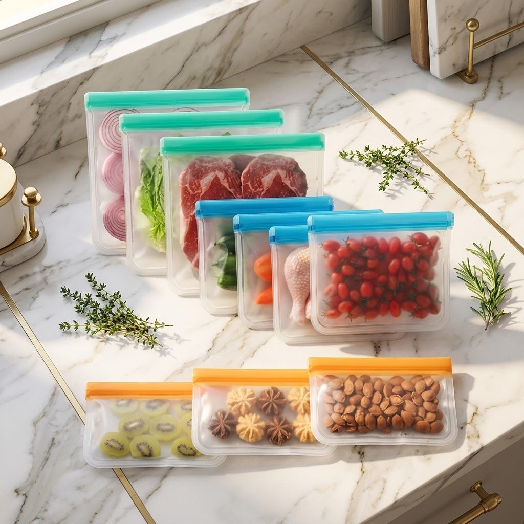 Reusable PEVA Food Storage Bags, 10-Pack, Blue, Orange and Green