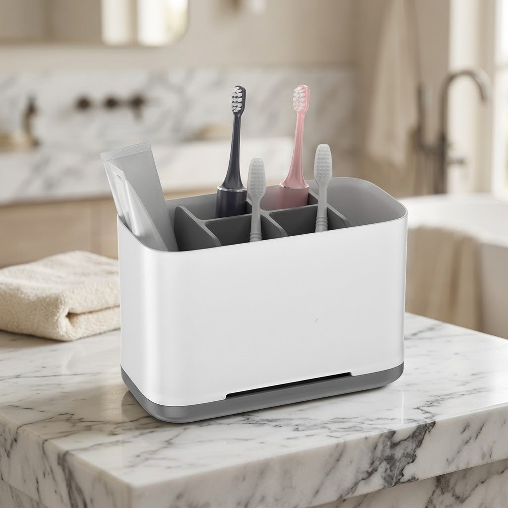 Large Toothbrush and Toothpaste Holder with Adjustable Dividers, Grey
