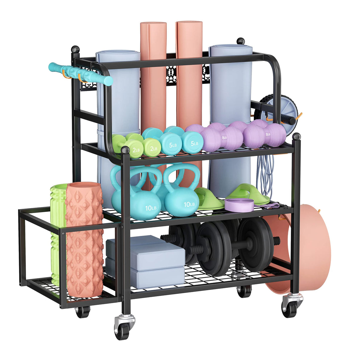 Home Gym Storage Rack with Wheels for Dumbbells, Yoga Mats and Bands