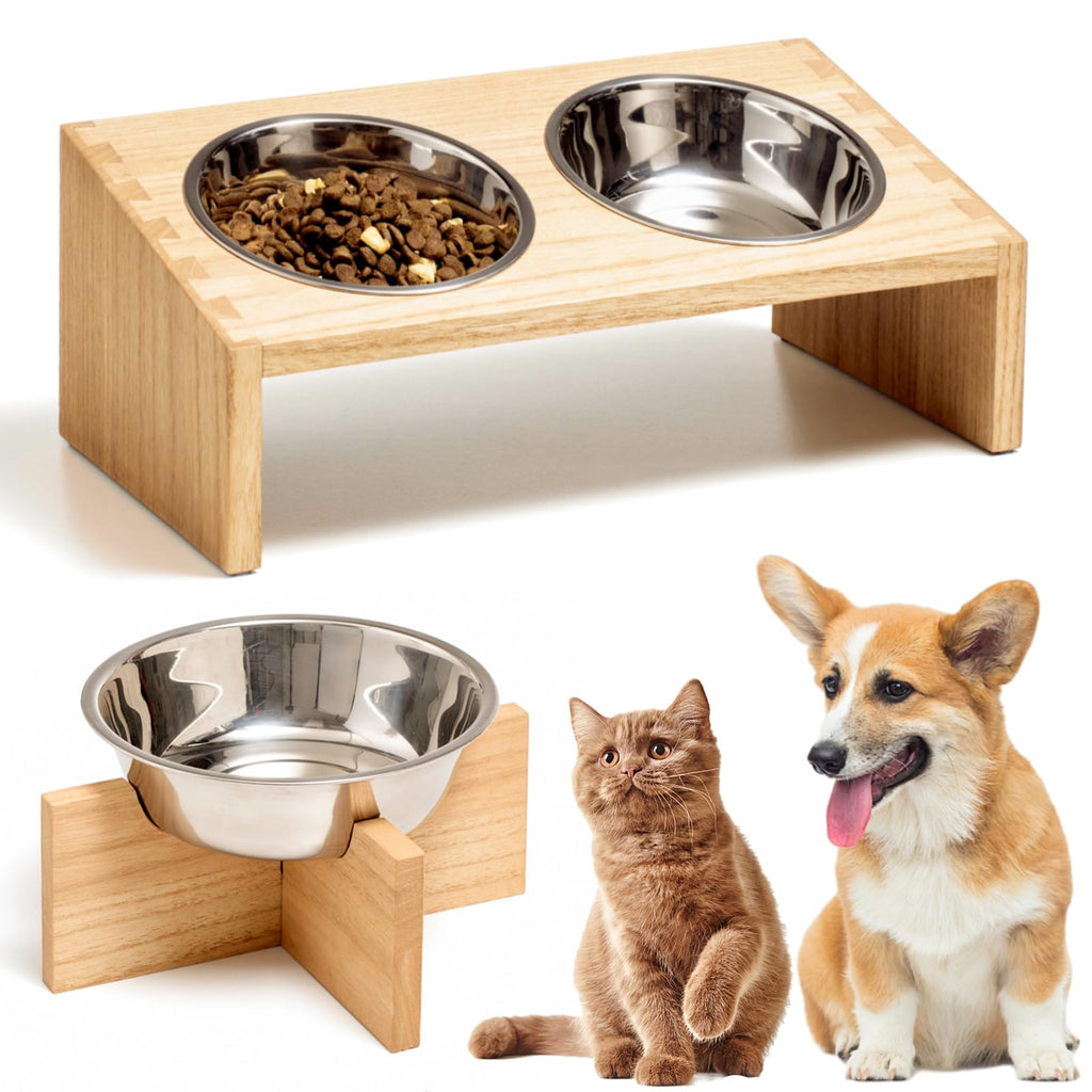 Solid Wood Raised Cat Feeder with 3 Stainless Steel Bowls, Natural