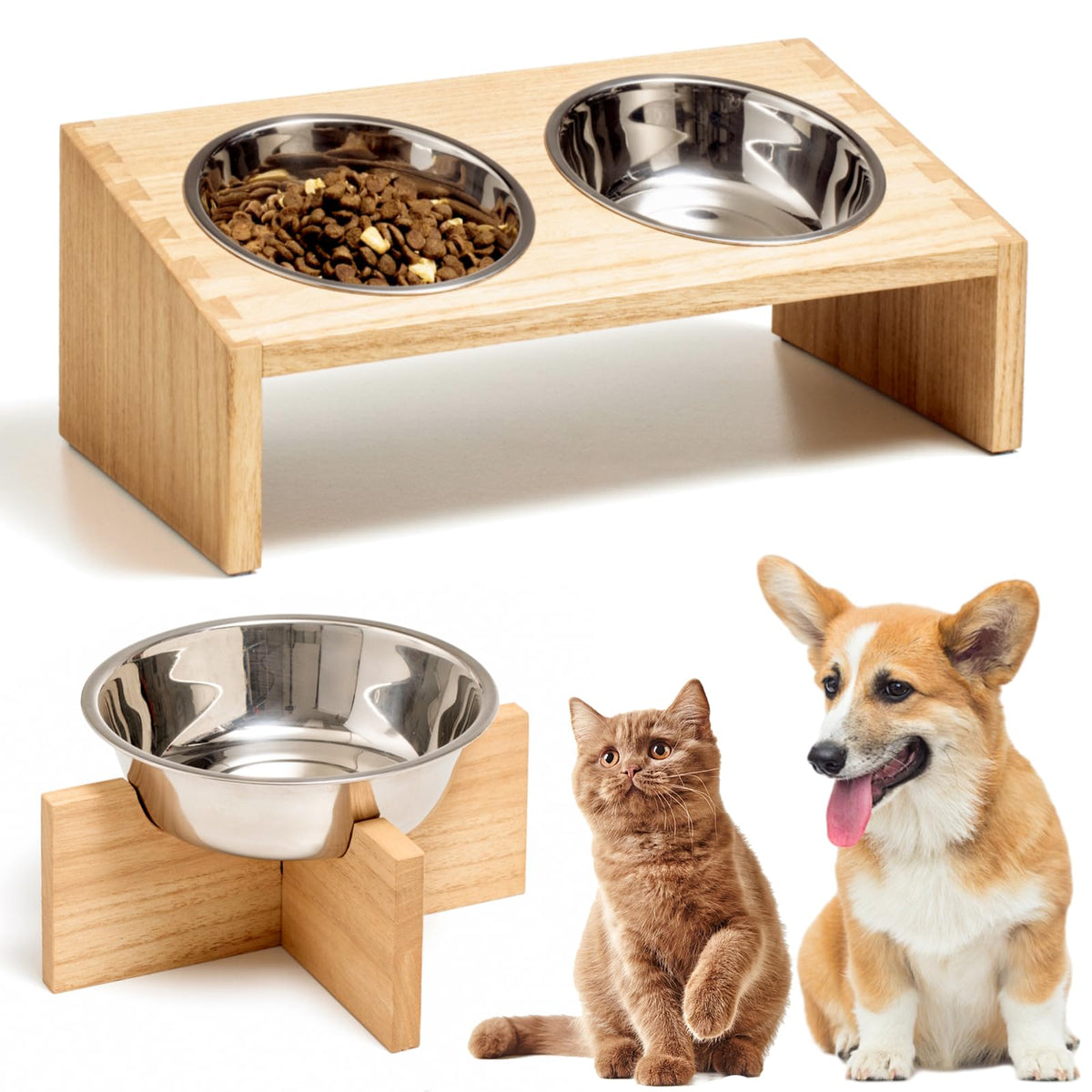 Solid Wood Raised Cat Feeder with 3 Stainless Steel Bowls, Natural