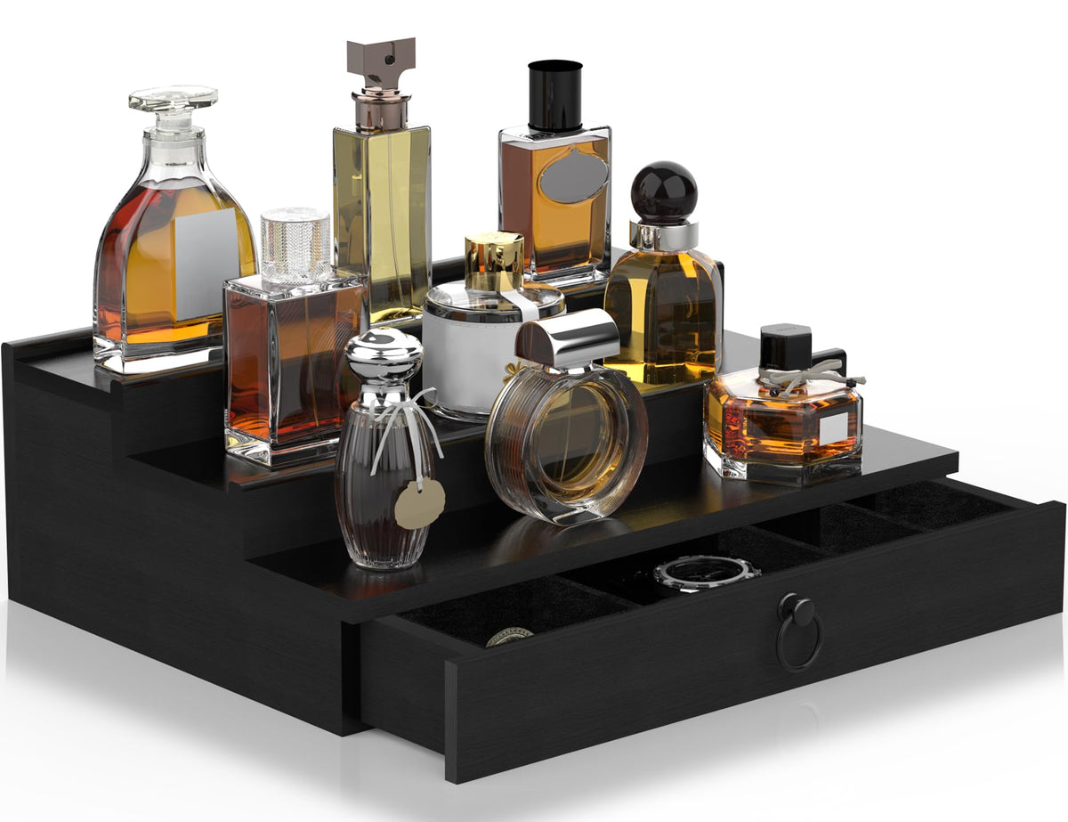 3-Tier Pine Wood Cologne Organizer with Drawer and Hidden Compartment